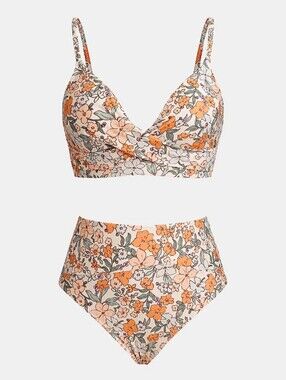 Floral Print Twist Bralette & Spliced High Waist Bikini Set
